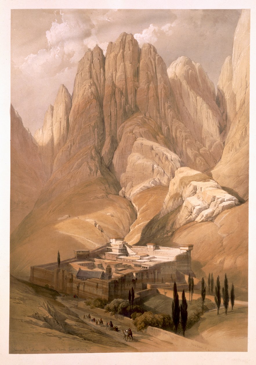 Convento de Santa Catarina com Monte Horeb, 19 de fevereiro de 1839, placa 118 do Volume III da Terra Santa, gravada por Louis Haghe (1806-85) pub. 1849 de David Roberts