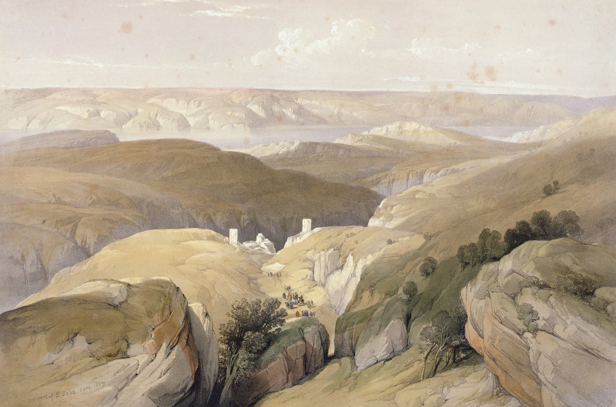 Convento de Santa Saba, em abril de 1839, do Volume II da "Terra Santa"; gravado por Louis Haghe (1806-85) publicado em Londres, 1842 de David Roberts