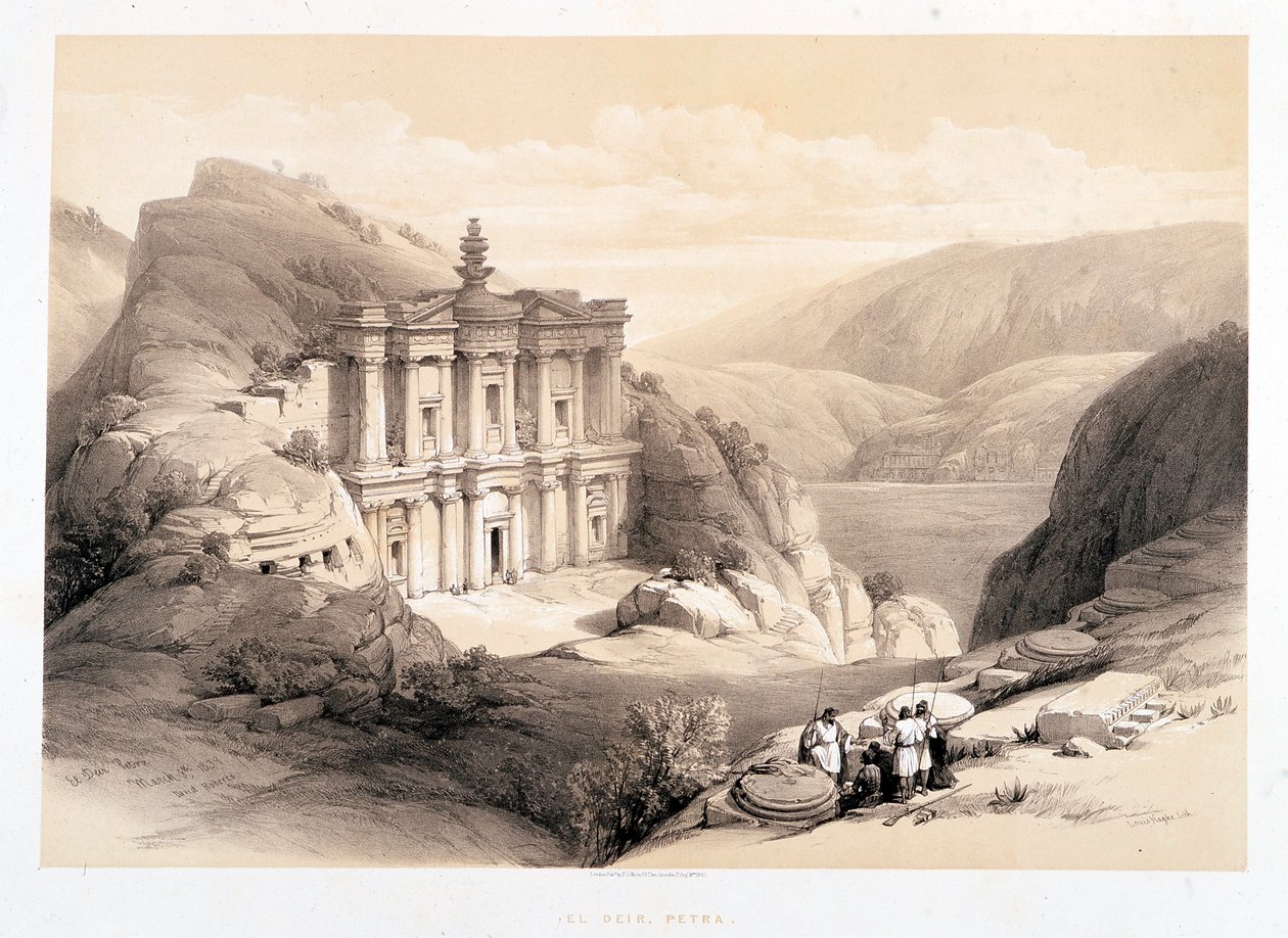 El Deir, Petra, desenho feito em 08/03/1839 em "The Holy Land", Londres-1849 de David Roberts
