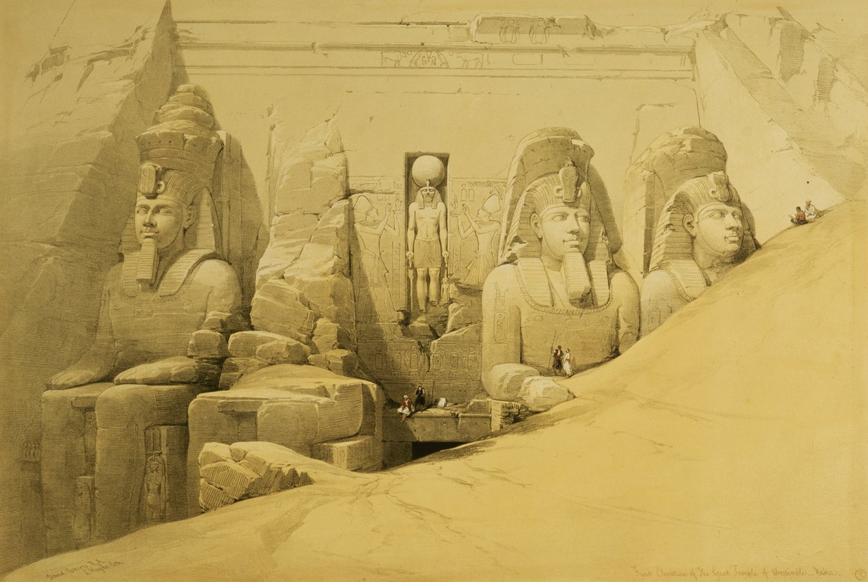Elevação frontal do Grande Templo de Aboo Simbel, Núbia, placa 44 do volume II de &39;Egito e Núbia&39;, gravada por Louis Haghe (1806-85) pub. 1849 de David Roberts