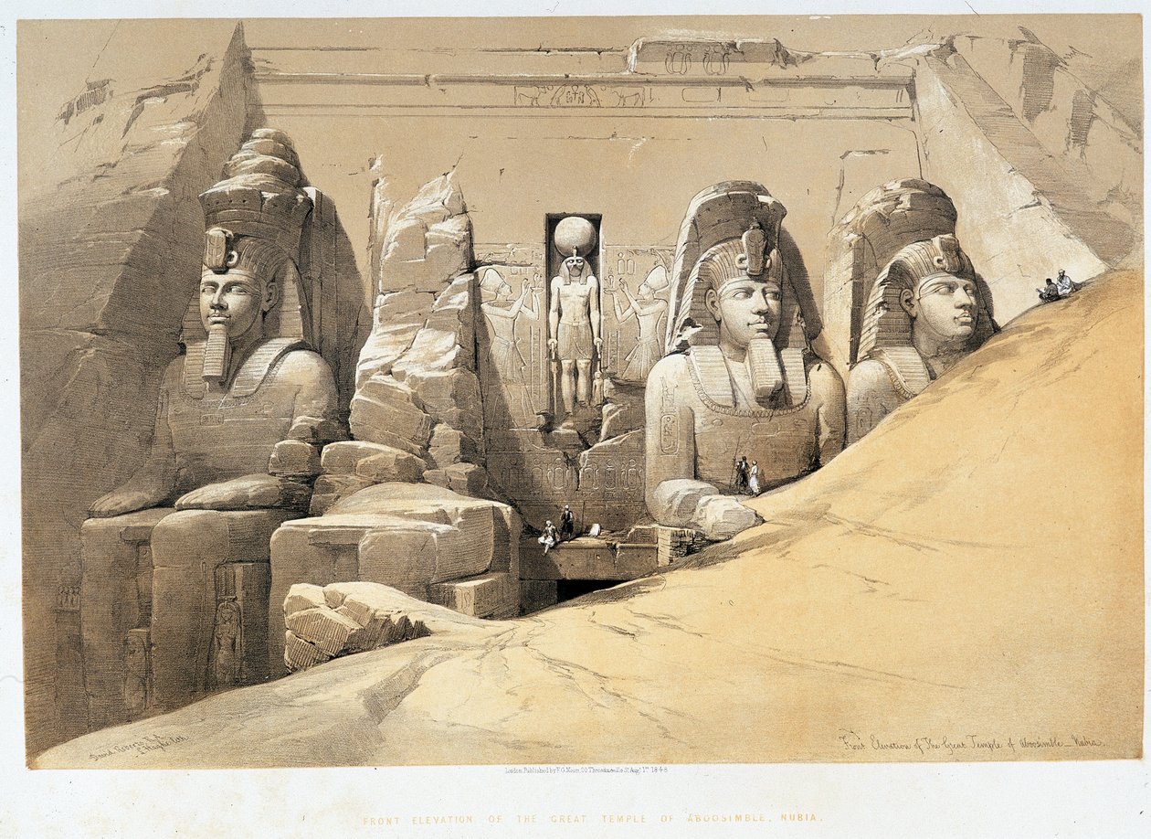 Elevação frontal do grande templo de Aboo Simbel (Aboosimbel, Abu ou Abu Simbel), Núbia (Nubia) em "The Holy Land", Londres 1849 de David Roberts
