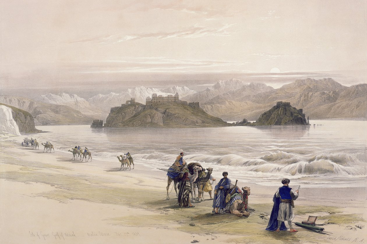 Ilha de Graie, Golfo de Akabah, Arábia Petraea, 27 de fevereiro de 1839, prato 108 do Volume III da "Terra Santa", gravado por Louis Haghe (1806-85) pub. 1849 de David Roberts