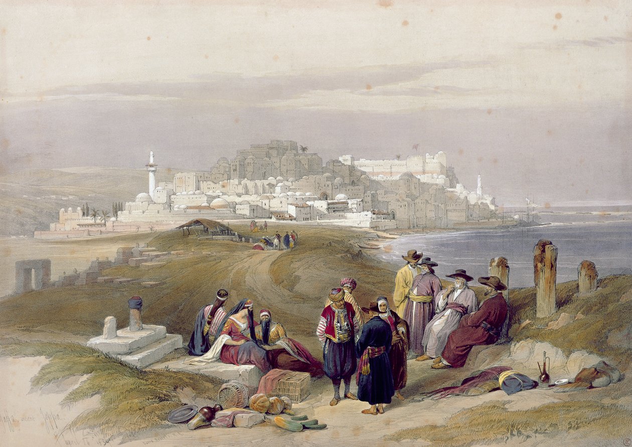 Jaffa, antiga Joppa, 16 de abril de 1839, prato 61 do Volume II da "Terra Santa", gravado por Louis Haghe (1806-85) pub. 1843 de David Roberts