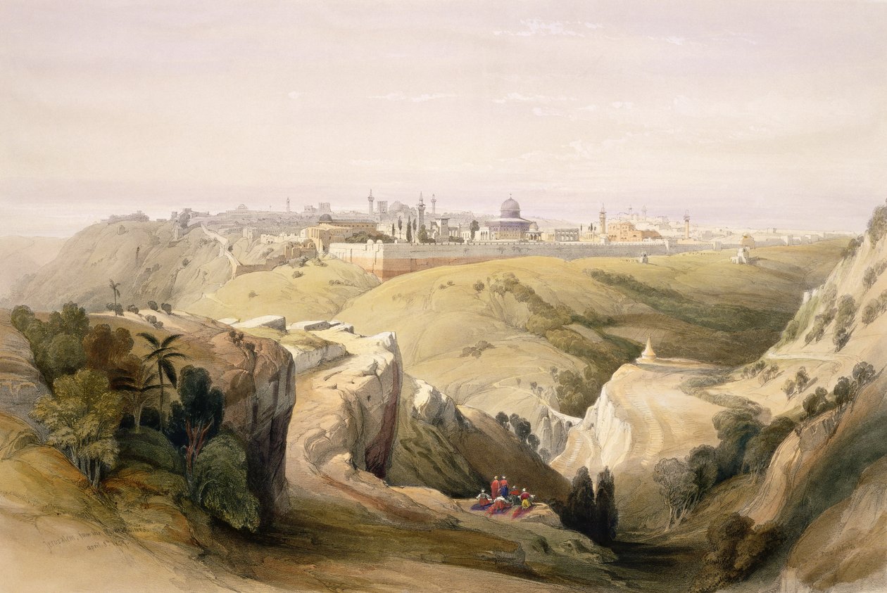 Jerusalém do Monte das Oliveiras, 8 de abril de 1839, placa 6 do Volume I da "Terra Santa" gravada por Louis Haghe (1806-85) pub. 1842 de David Roberts