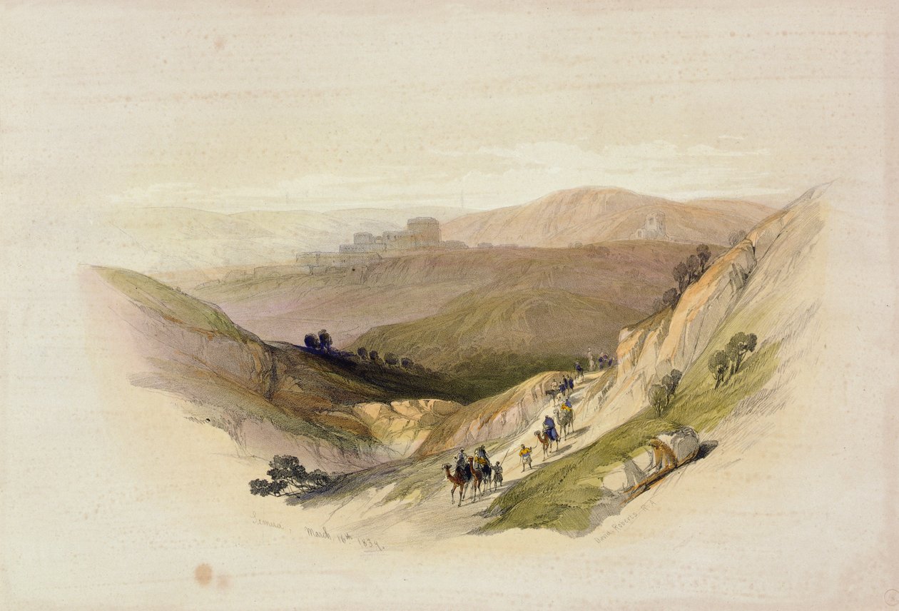 Ruínas de Semua, 16 de março de 1839, do volume 1 da "Terra Santa"; gravado por Louis Haghe (1806-85) publicado em Londres, 1842 de David Roberts