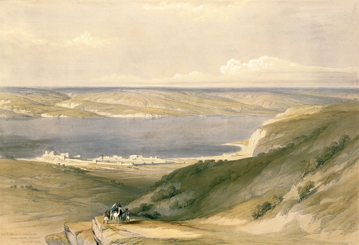 Mar da Galiléia ou Genezareth, olhando para Basã, em 21 de abril de 1839, prato 36 do Volume I da Terra Santa, gravado por Louis Haghe (1806-85) pub. 1842 de David Roberts