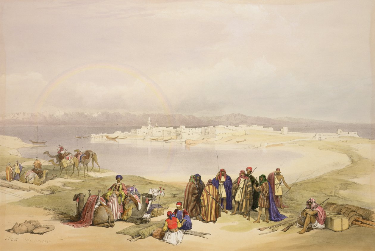 Suez, 11 de fevereiro de 1839, prato 124 do Volume III da "Terra Santa", gravado por Louis Haghe (1806-85) pub. 1849 de David Roberts