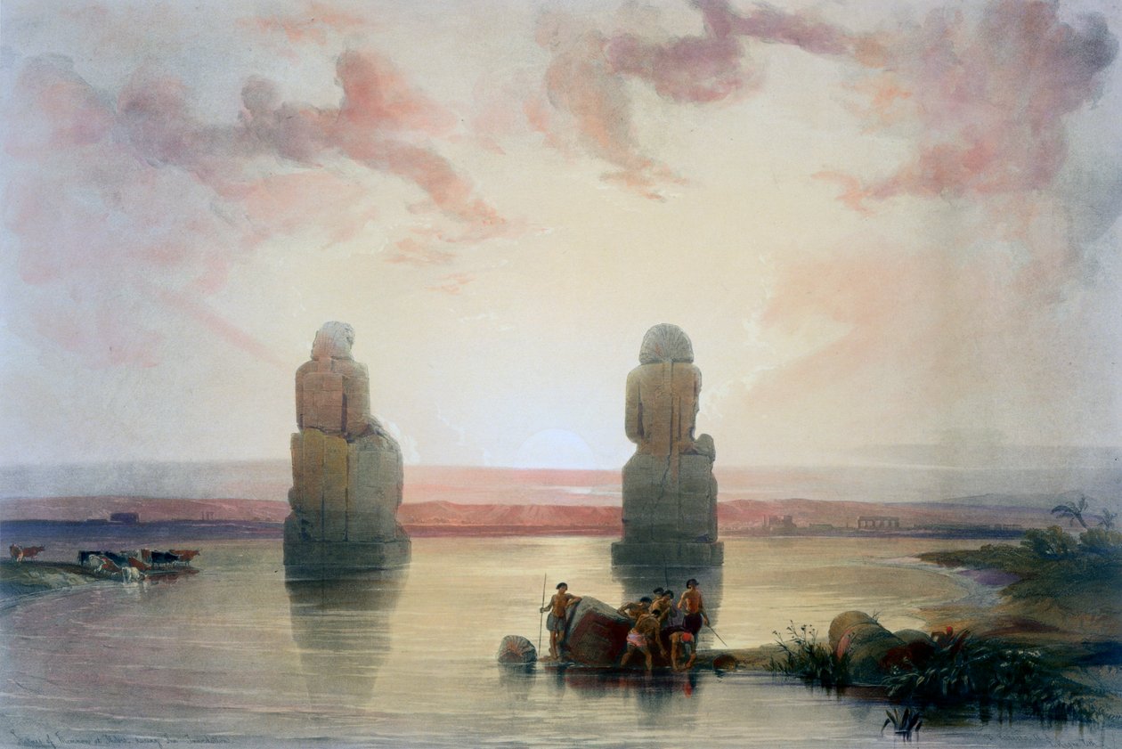 Os Colossos de Memnon, em Tebas, durante a Inundação, século XIX de David Roberts