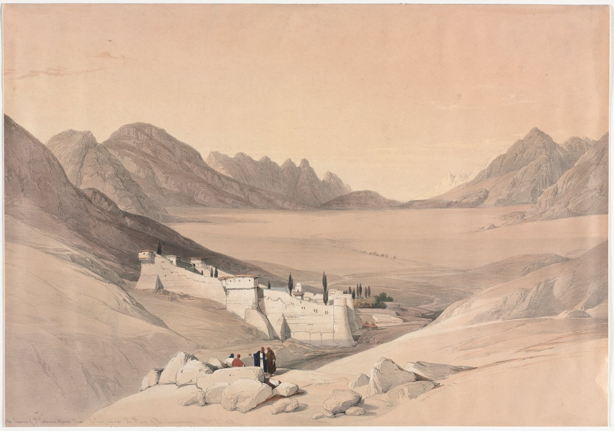 O convento de Santa Catarina, Monte Sinai, olhando para a planície do acampamento, 1839. de David Roberts