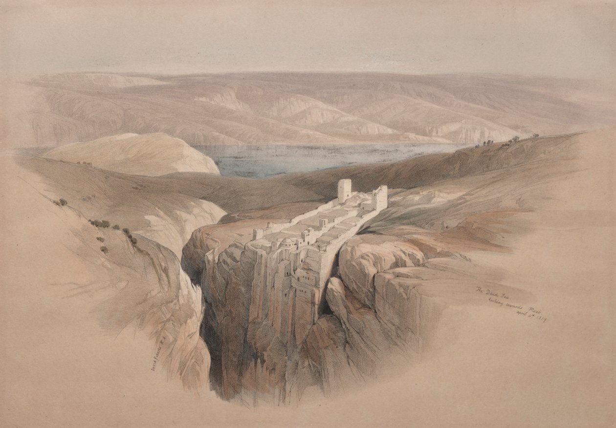 O Mar Morto, olhando para Moabe, 1839. de David Roberts