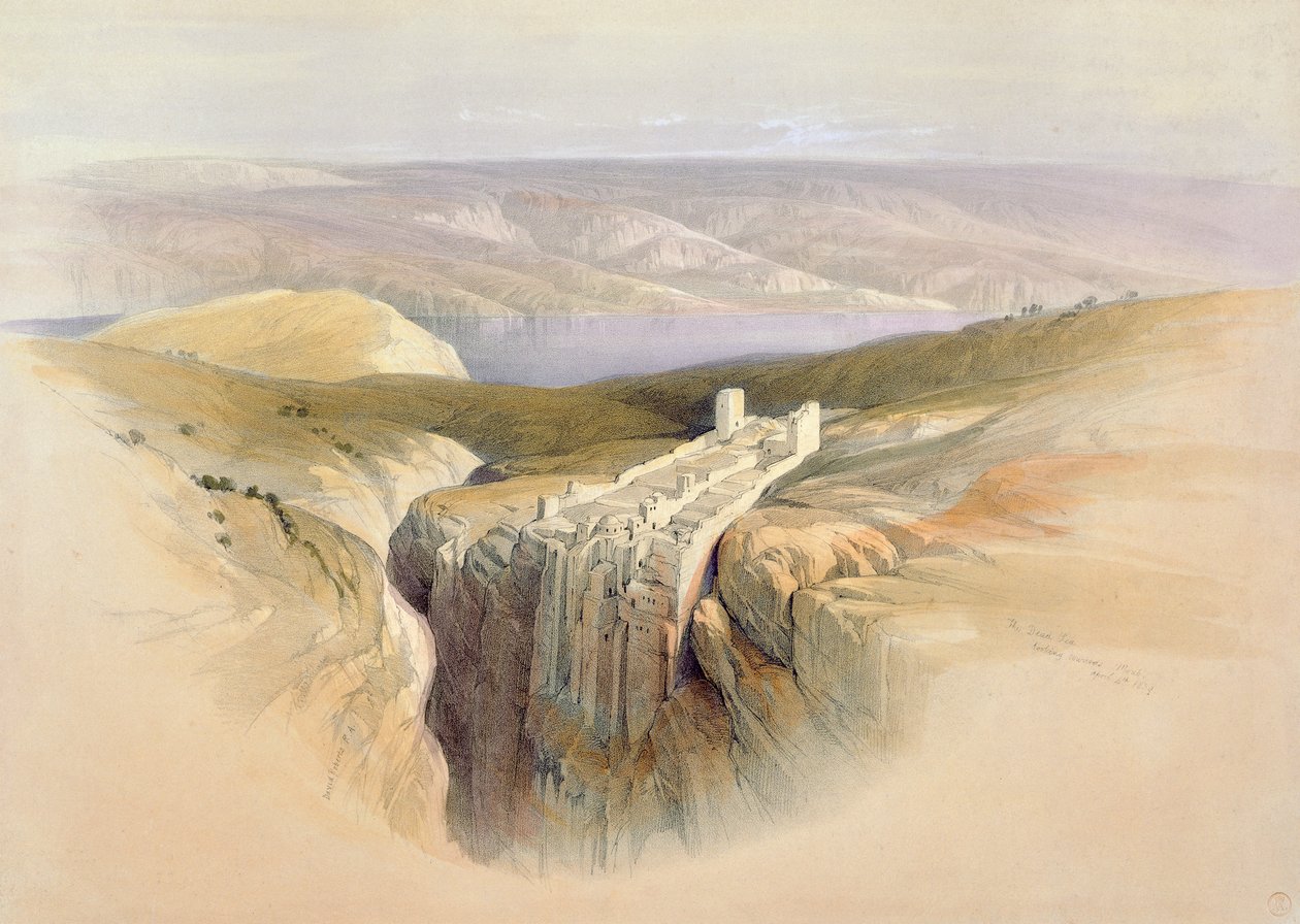 O Mar Morto olhando para Moabe, 4 de abril de 1839, prato 50 do Volume II da "Terra Santa", gravado por Louis Haghe (1806-85) pub. 1843 de David Roberts