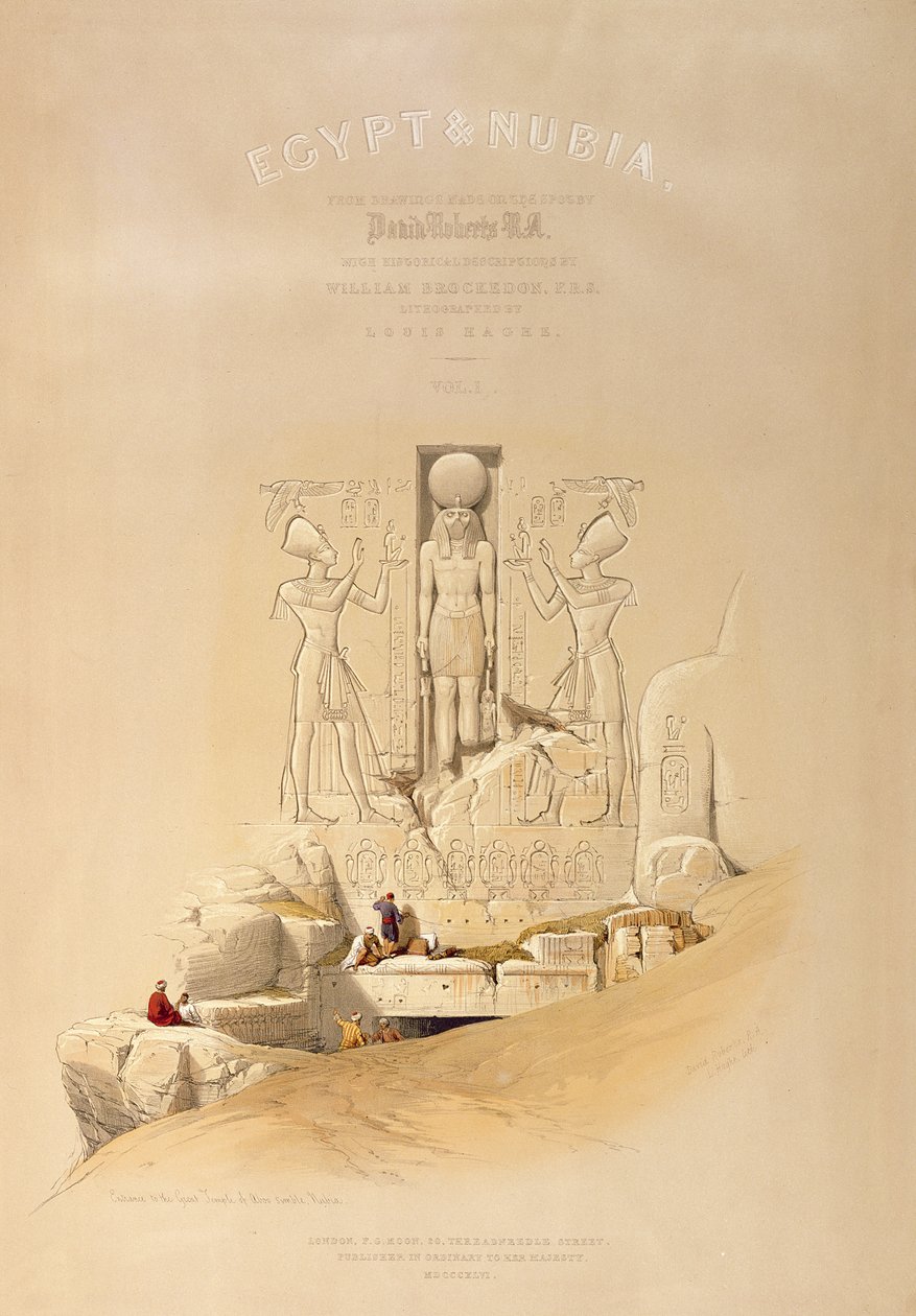 A entrada para o grande templo de Aboo Simble, Nubia, título do volume I de &39;Egito e Núbia&39;, gravado por Louis Haghe (1806-1885) publicado em Londres, 1846 de David Roberts