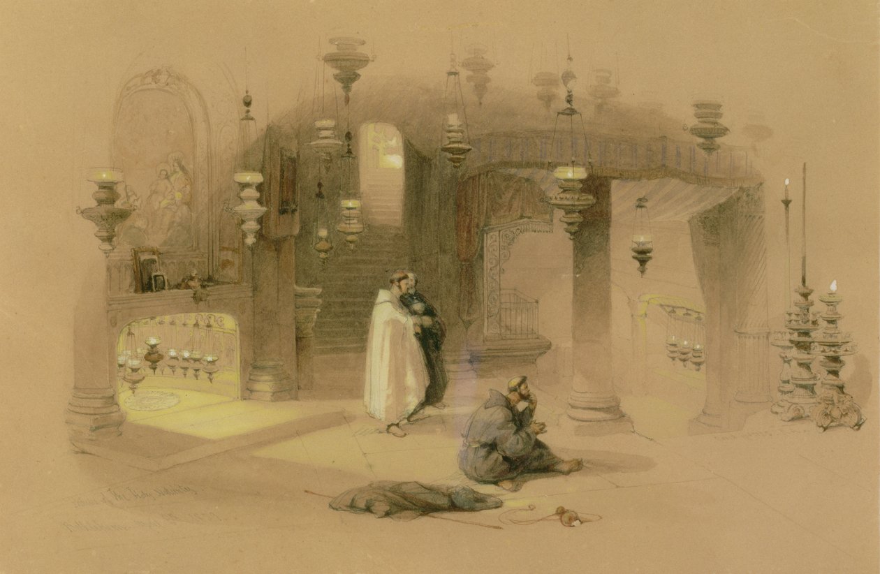 O Santuário da Santa Natividade, Belém, 1839 (wc sobre lápis, aumentado com guache e goma arábica em papel amarelo) de David Roberts