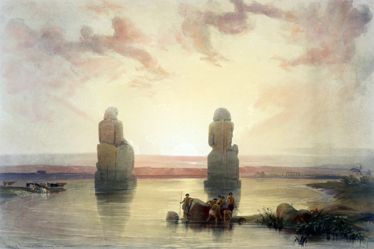 As estátuas de Memnon, Tebas, durante as inundações", aguarela. David Roberts (1796-1864), artista e orientalista escocês. Os Colossos perto do Vale dos Reis, Egito, construídos por Amenhotep II (c1411-1375 a.C.). de David Roberts