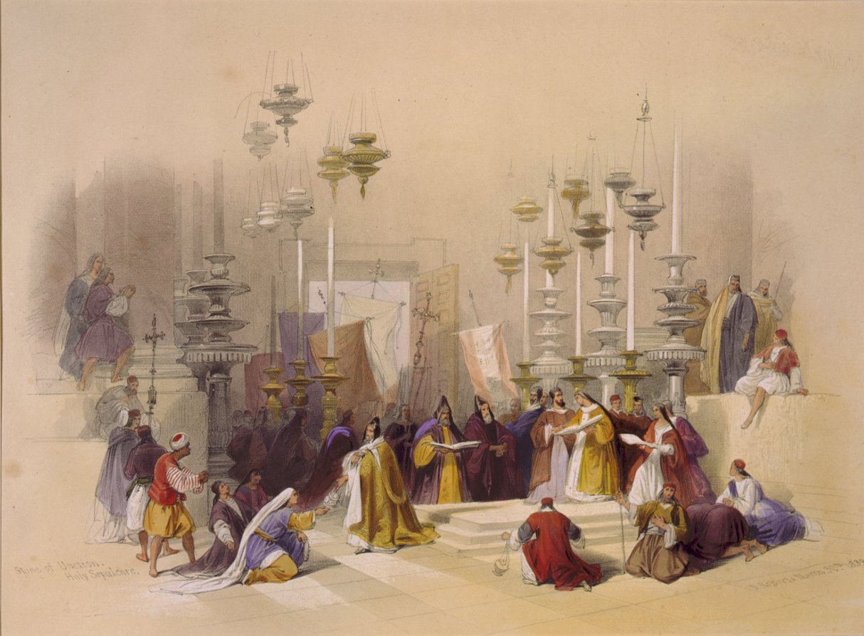 A Pedra da Unção no Santo Sepulcro, Jerusalém de David Roberts