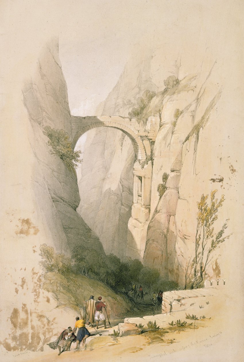 Arco do triunfo cruzando o ravina levando a Petra, placa 95 do Volume III da &39;Terra Santa&39;, gravada por Louis Haghe (1806-85) pub. 1849 de David Roberts