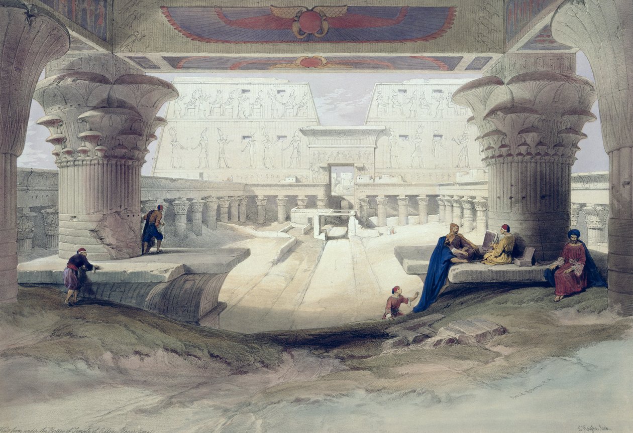 Vista sob o pórtico do templo de Edfou, Egipto superior, chapeia 32 do volume mim de Egipto e de Nubia, gravados pelo bar de Louis Haghe (1806-85). 1846 de David Roberts