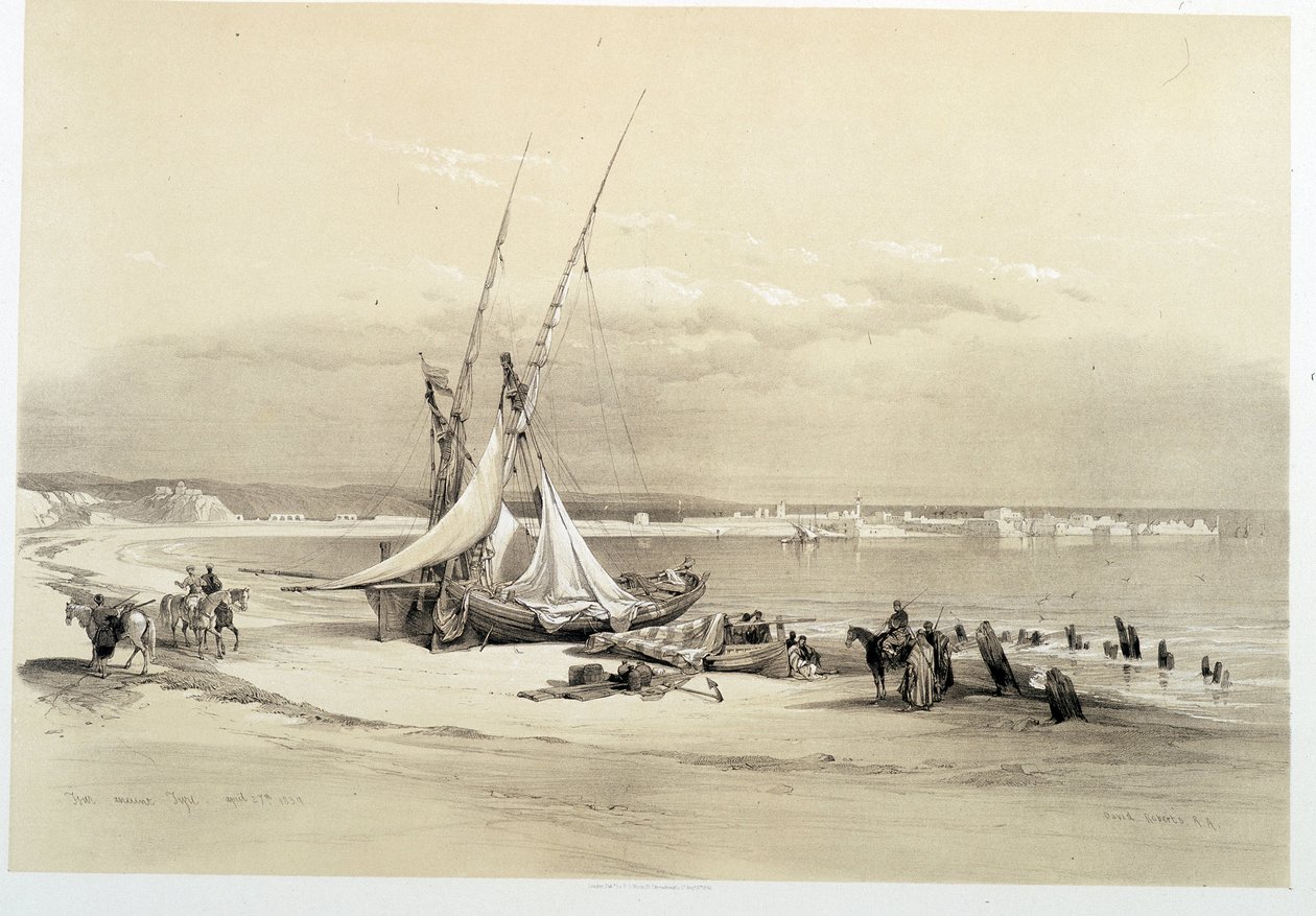Vista da cidade de Tyre (Tyre) no Líbano, desenho feito em 27/04/1839 em "The Holy Land", Londres 1849 de David Roberts