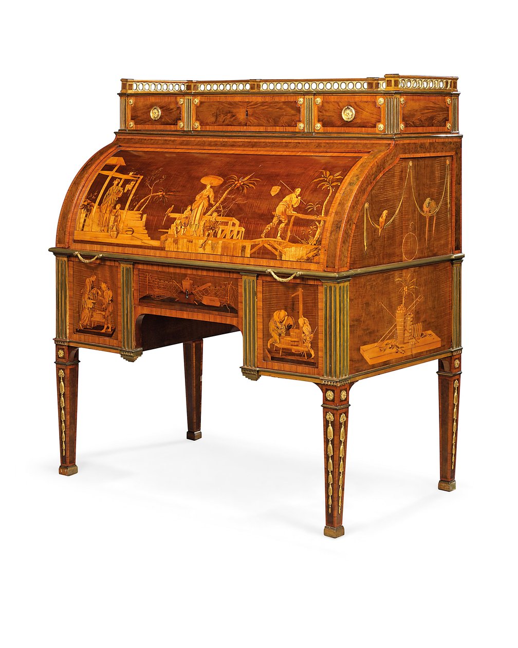 Gabinete de cilindro mecânico, Neuwied, c.1776-79 (amboyna montado em ormolu e embutido em latão, tulipwood, sicômoro manchado e marchetaria) de David Roentgen