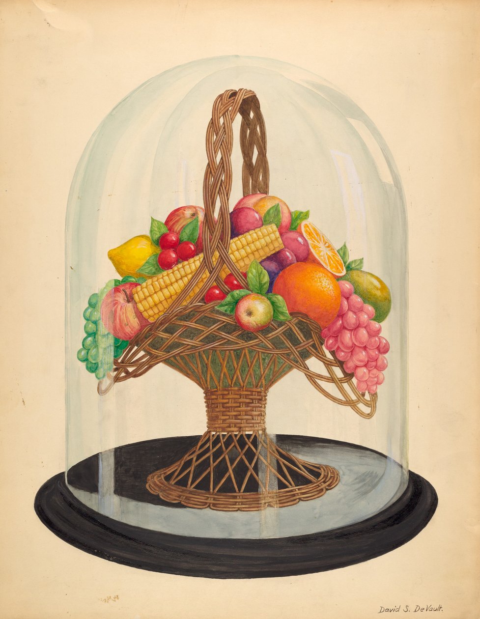 Ornamento, fruta de cera sob globo de vidro de David S. De Vault