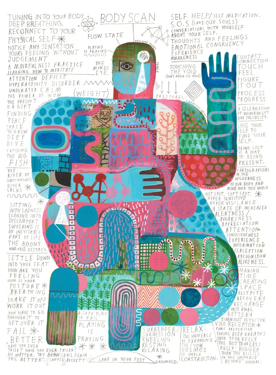 Body Scan, 2023 (acrílico e lápis sobre papel) de David Shillinglaw