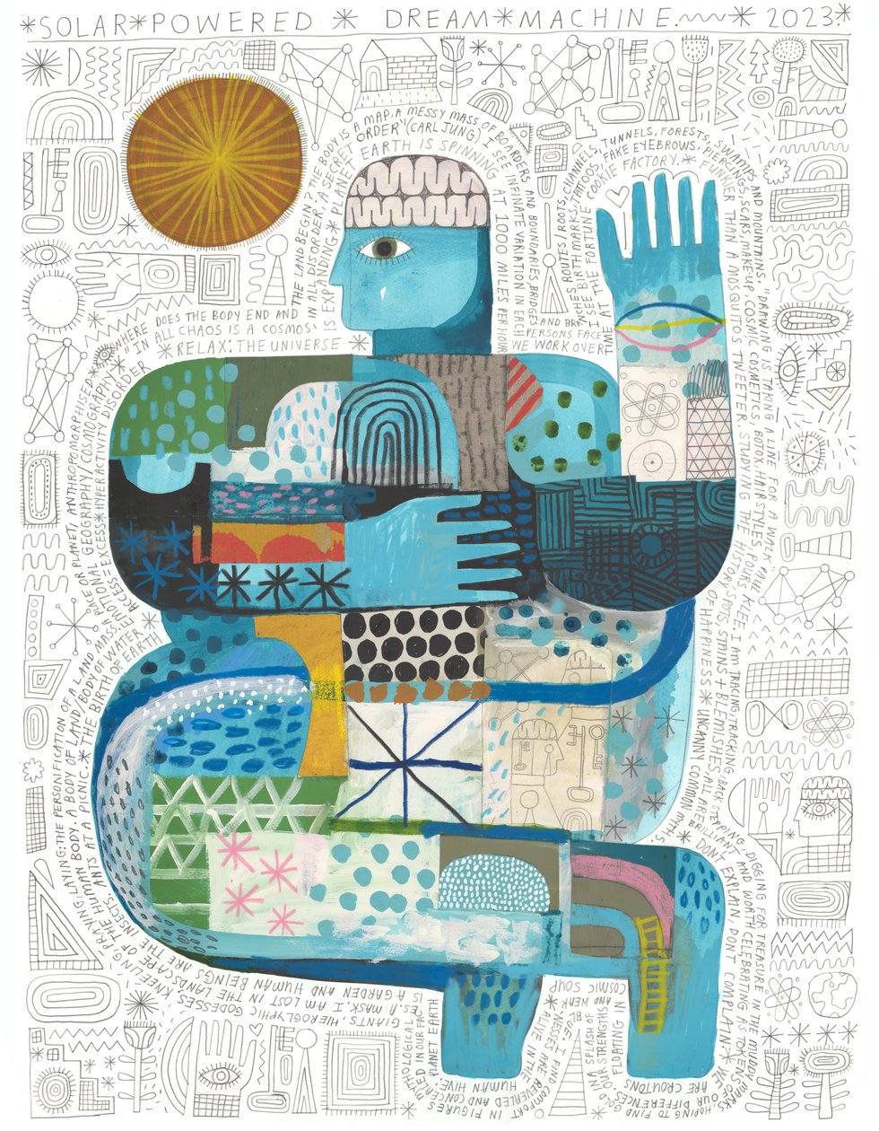 Solar Powered Dream Machine, 2023 (acrílico e lápis sobre papel) de David Shillinglaw