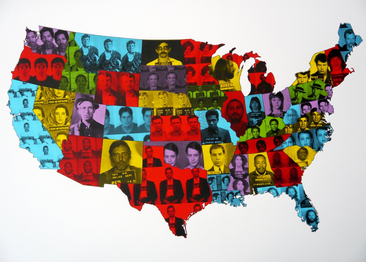 Mapa de detenção de celebridades (giclée e serigrafia sobre papel) de David Studwell