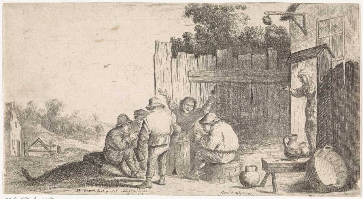 Cinco camponeses à volta de um barril
Cenas do género ao ar livre (título da série) de David Teniers (II) (attributed to workshop of)