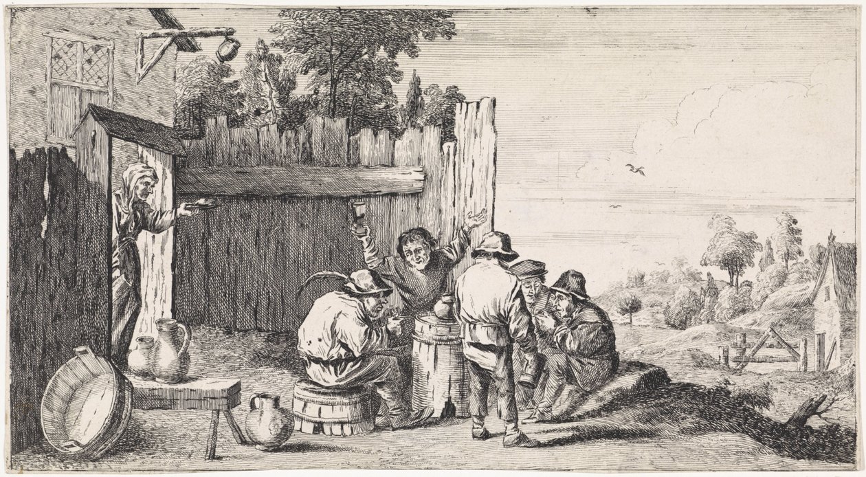 Cinco agricultores em torno de uma tonelada Cenas de gênero ao ar livre (título da série) de David Teniers (II)