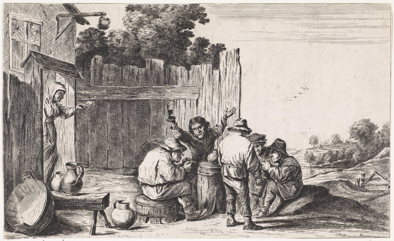 Cinco agricultores em torno de uma tonelada Cenas de gênero ao ar livre (título da série) de David Teniers (II)