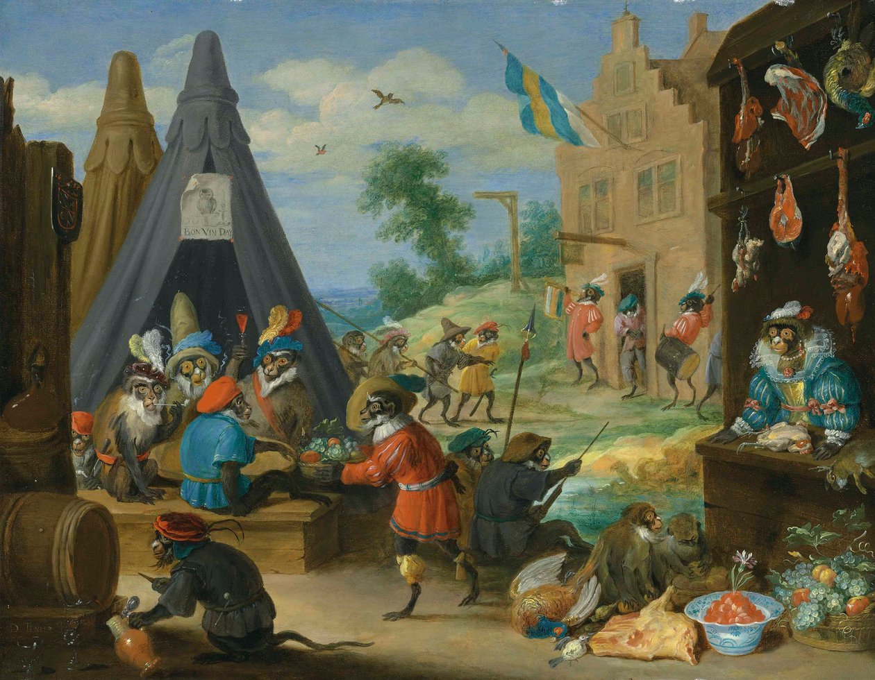 Um festival de macacos (macacos vestidos de soldados num acampamento perto de uma cidade) de David Teniers the Younger