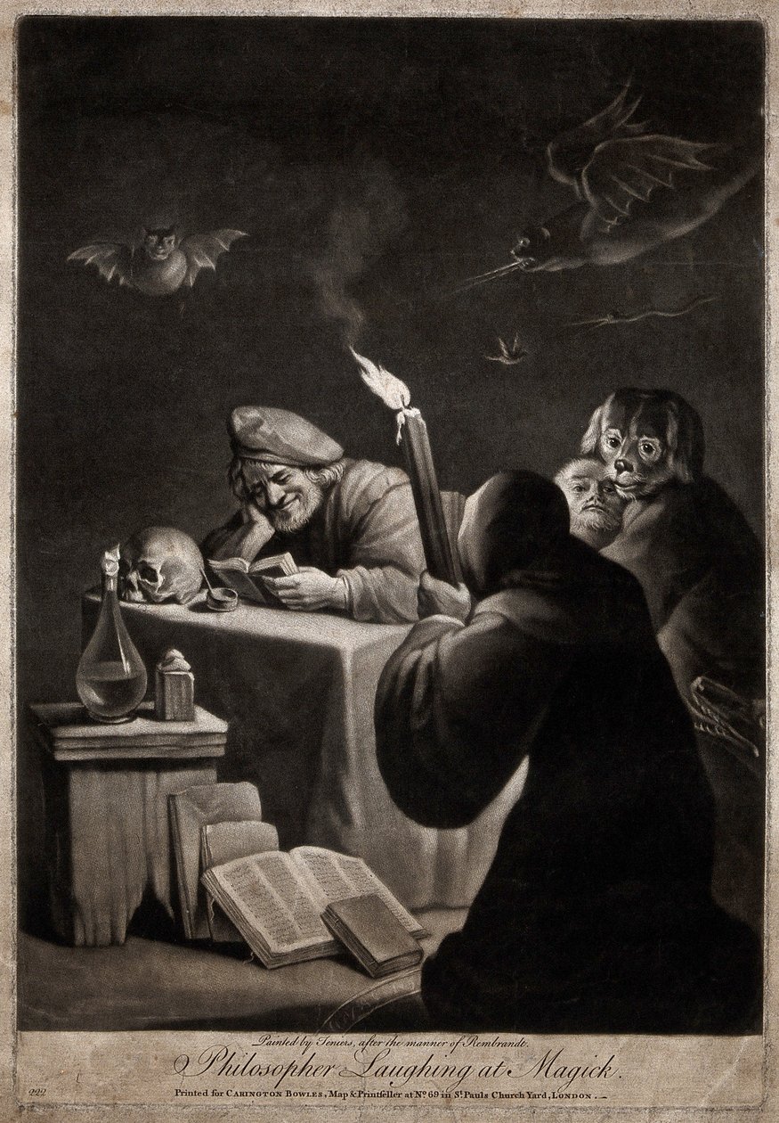 Um homem a ler um livro, a sorrir; ao seu lado, um homem encapuzado, ajoelhado de David Teniers the Younger