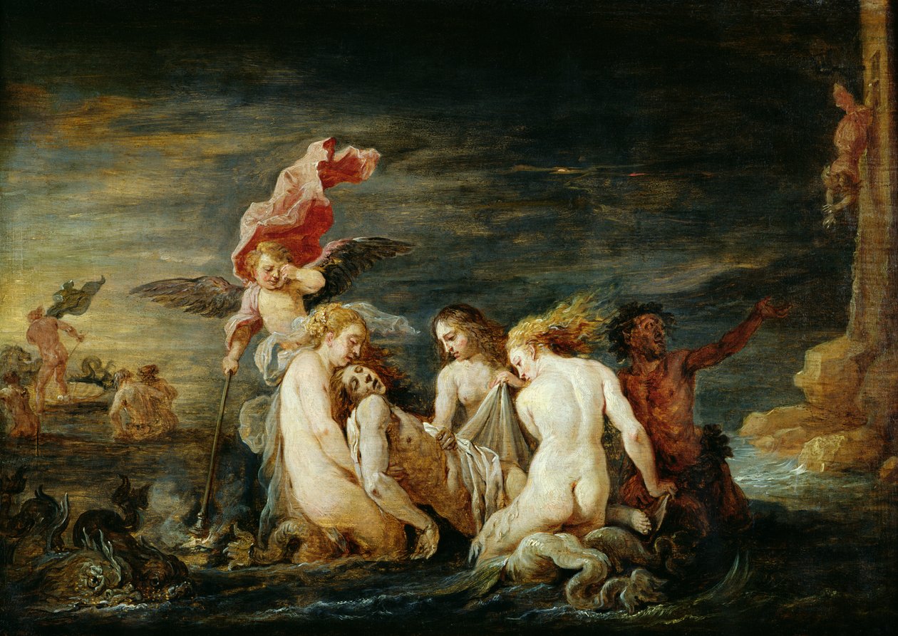 Herói e Leander: Leander encontrado pelo Nereids, cópia de uma pintura por Domenico Feti, 1650-56 de David Teniers the Younger