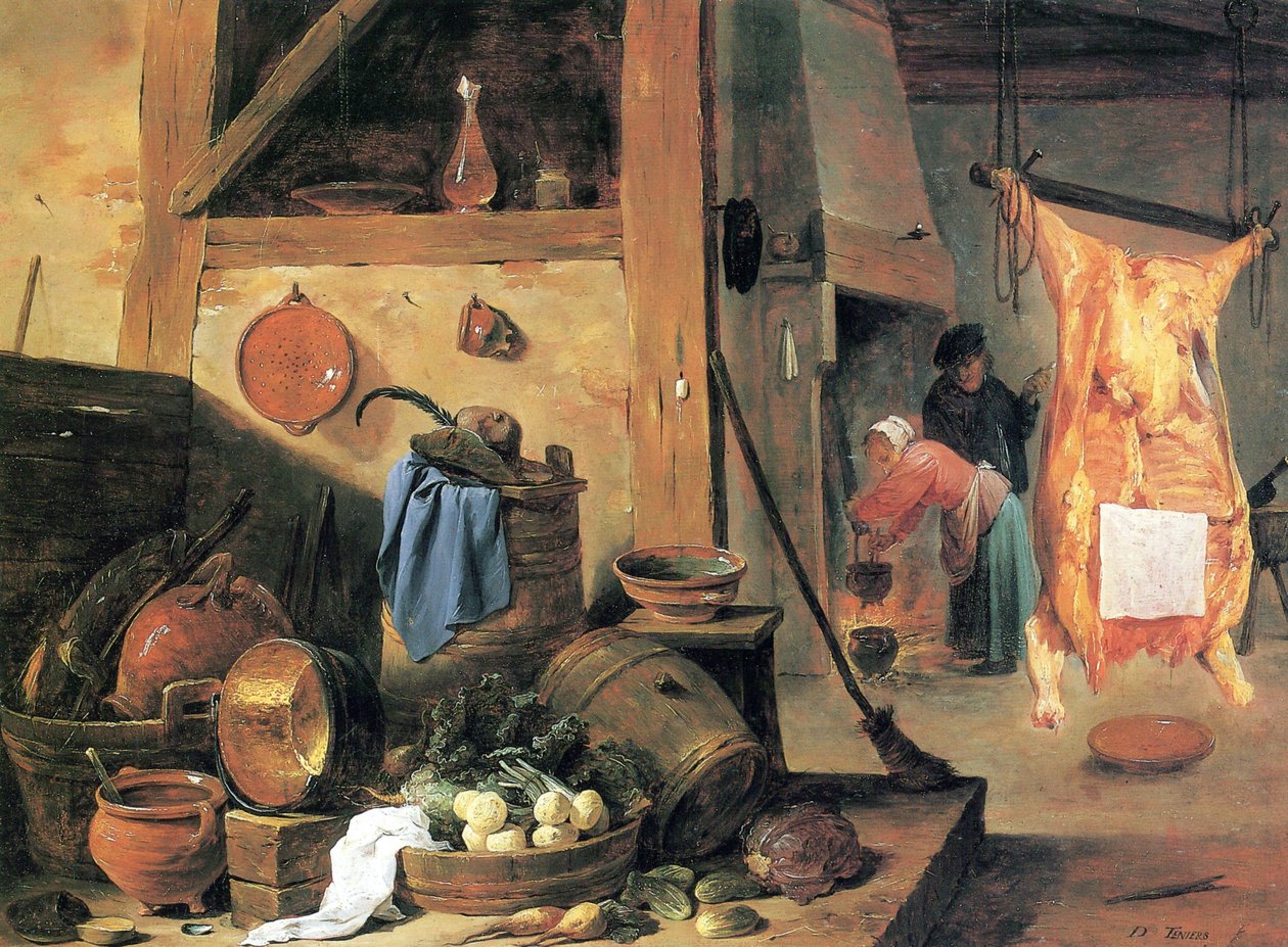 Interior da cozinha com natureza-morta e boi abatido de David Teniers the Younger