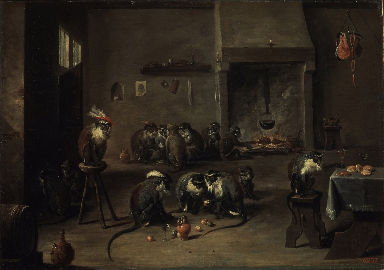 Macacos na cozinha, 1640 de David Teniers the Younger