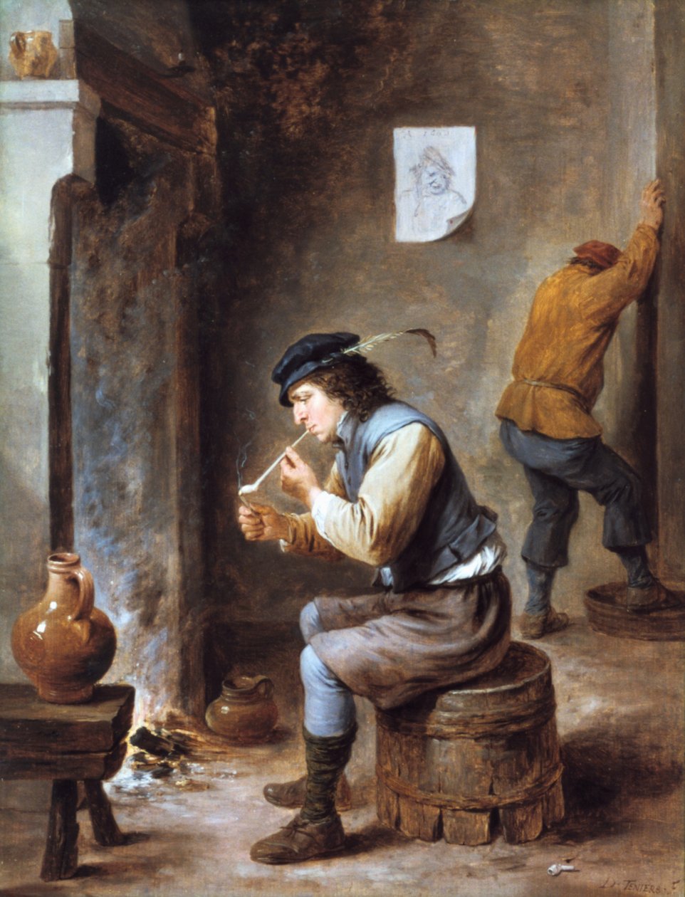Fumante na frente de um incêndio, século XVII de David Teniers the Younger
