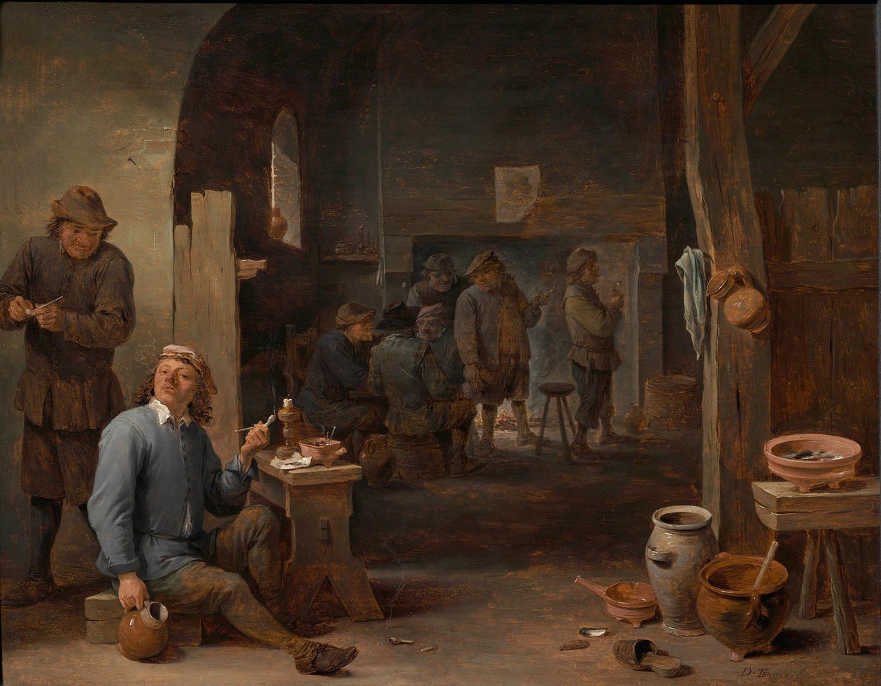 O interior de uma estalagem com camponeses a fumar junto a uma mesa e a conversar diante de uma fogueira de David Teniers the Younger