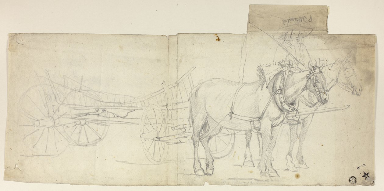 Equipa de dois cavalos com condutor, puxando carruagem (anverso); esboços de mulheres curvadas (verso) de David Teniers the Younger