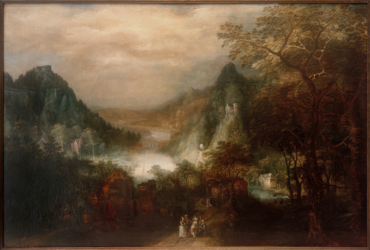 Paisagem fluvial de montanha com figuras elegantes de David Vinckeboons