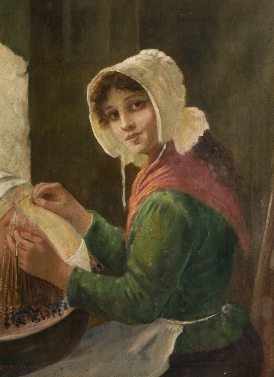 Mulher jovem, Lacemaking, tarde, 19o-cedo, 20o século de David W. Haddon