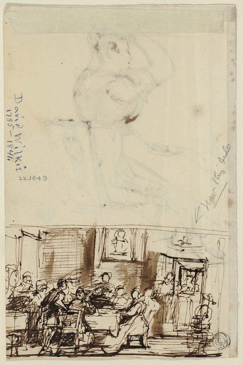 Pessoas em uma mesa (reto) e estudo para banheiro de chalé (verso) de David Wilkie