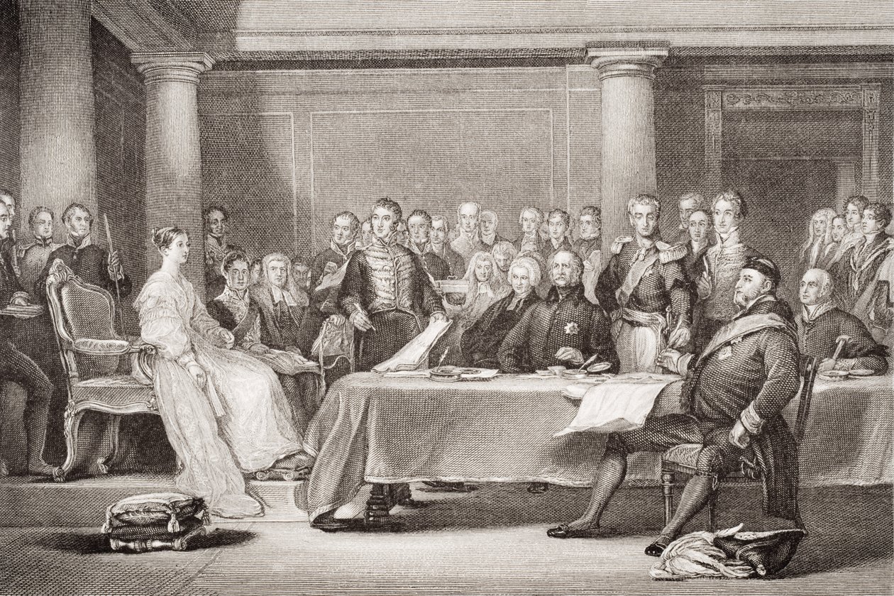 Primeiro Conselho da Rainha Vitória, Palácio de Kensington, 21 de junho de 1837, de "Ilustrações da História Escocesa e Inglesa", Volume II de David Wilkie