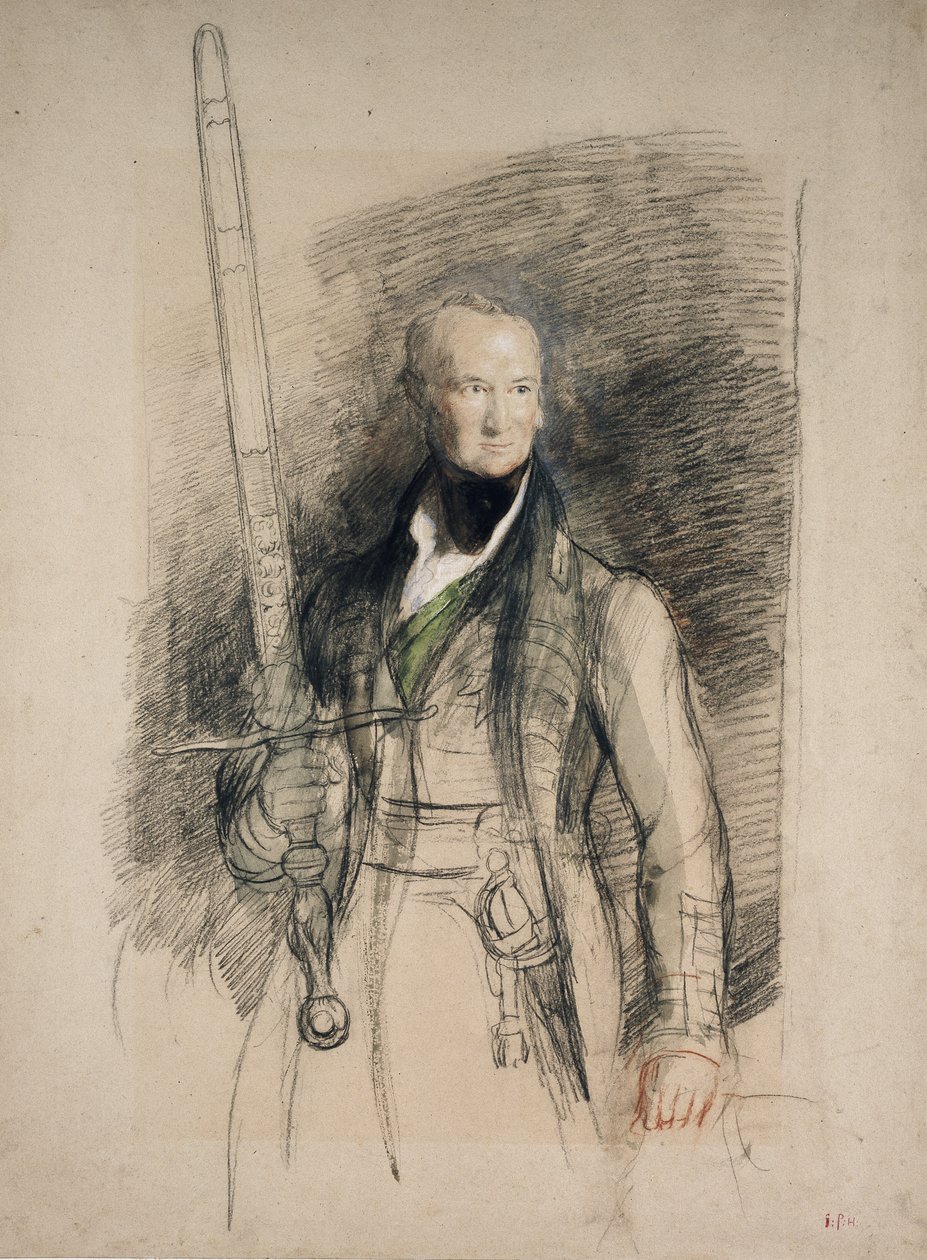 O Conde de Morton carregando a Espada do Estado, 1824 (giz preto e vermelho com wc e bodycolour em papel acinzentado) de David Wilkie