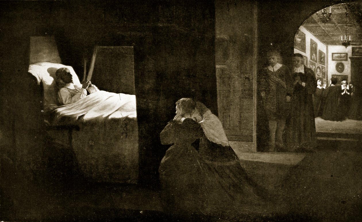A morte de Cromwell, 1658, ilustração da "Hutchinson&39;s Story ofthe British Nation", c.1923 de David Wilkie