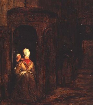 Mulher com um bebé ajoelhado num confessionário de David Wilkie