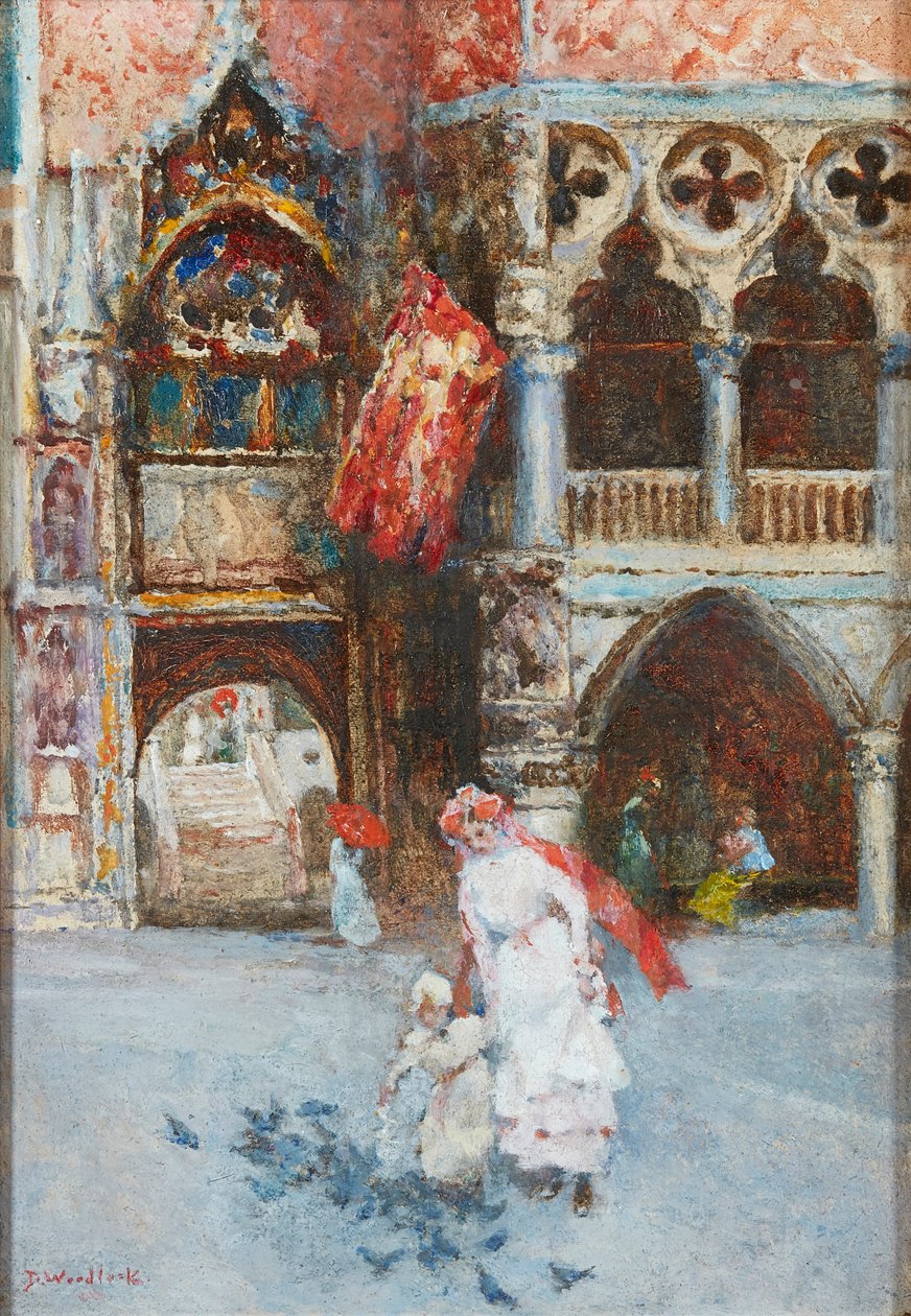 Alimentando os Pombos, Praça de São Marcos, Veneza (óleo sobre papelão) de David Woodlock