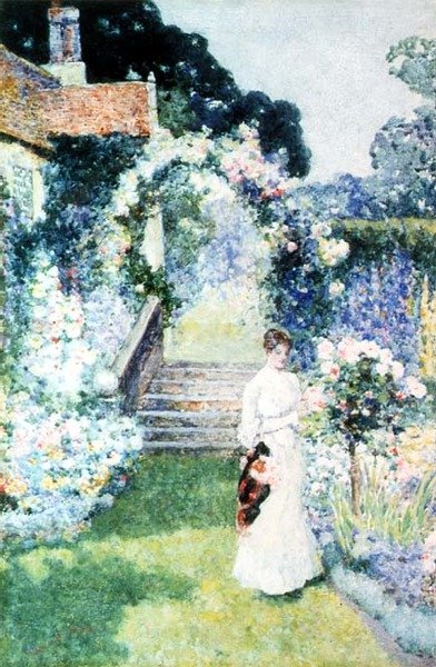 Cuidar das rosas em um jardim Cheshire (aquarela) de David Woodlock