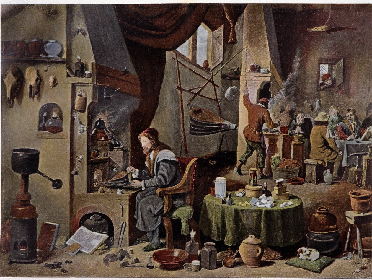 Um laboratório alquimista no século XVII - de acordo com a pintura de David Téniers, o Jovem de David the Younger (after) Teniers