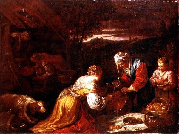 Camponeses preparando comida fora de uma casa de campo, uma extensa paisagem além de David the Younger (attr. to) Teniers