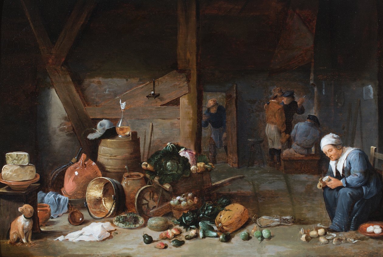 Interior de uma cozinha com uma mulher a preparar legumes, figuras em conversa no exterior (óleo sobre painel) de David the Younger (circle of) Teniers